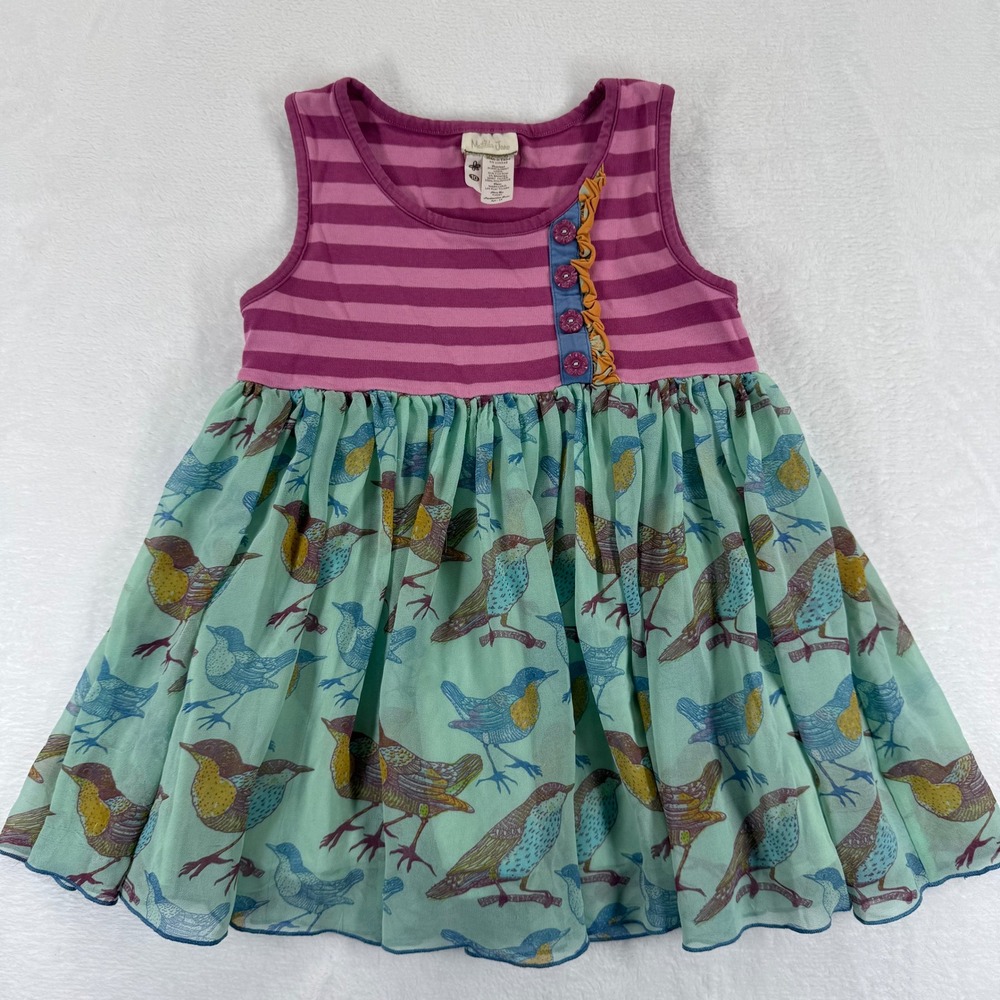 Matilda Jane Girls Bird Print Pink‎ Stripe Sleeveless Dress Size 10